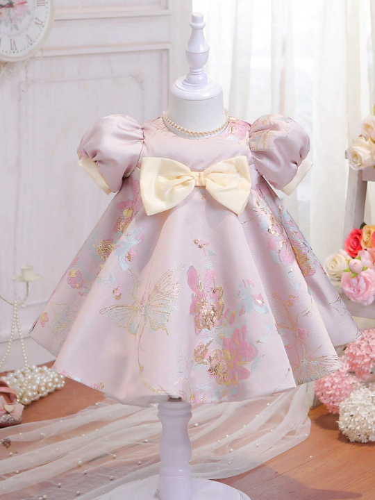 Baby Girls Floral Print Bow Front Puff Sleeve Dress