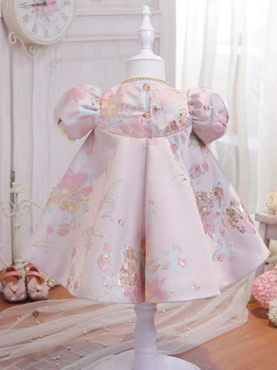 Baby Girls Floral Print Bow Front Puff Sleeve Dress