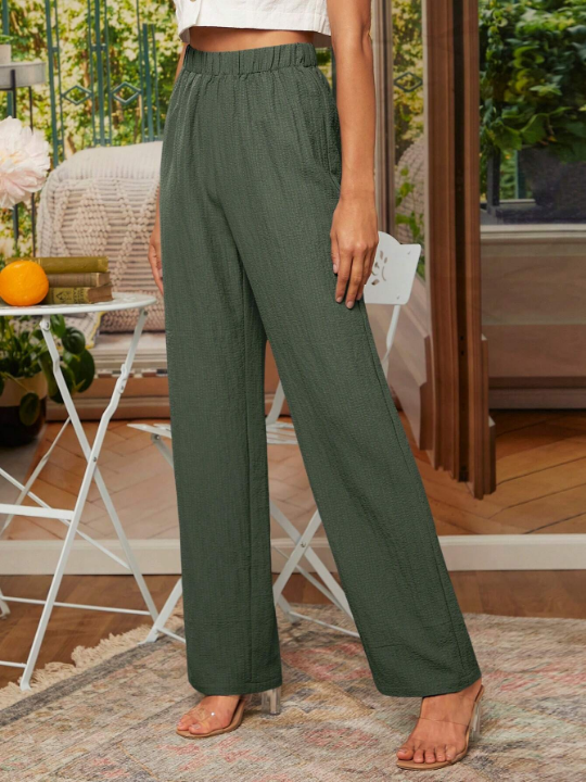 LUNE Solid Elastic Waist Straight Leg Pants