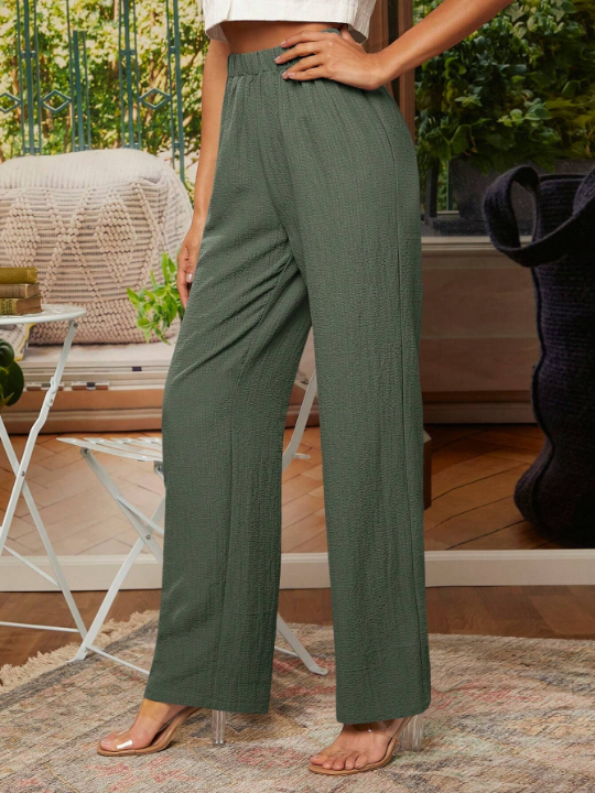 LUNE Solid Elastic Waist Straight Leg Pants