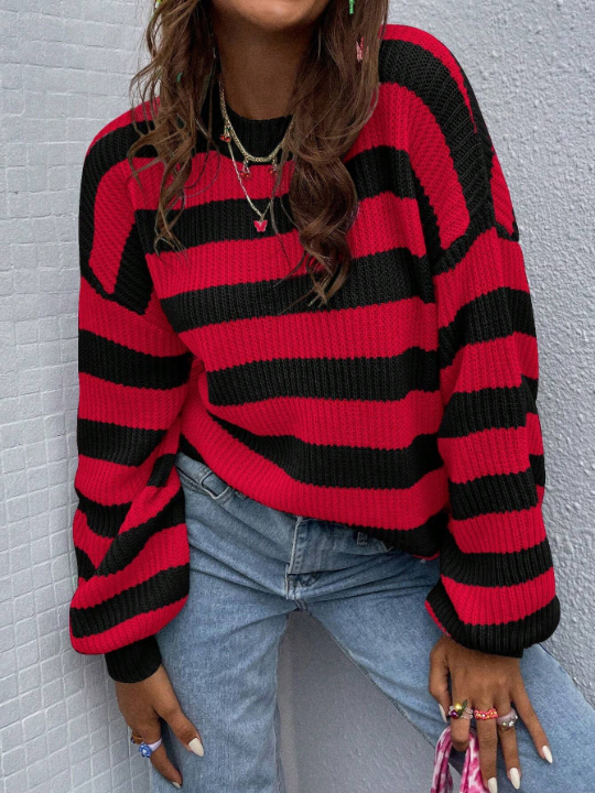 Essnce Striped Pattern Drop Shoulder Sweater