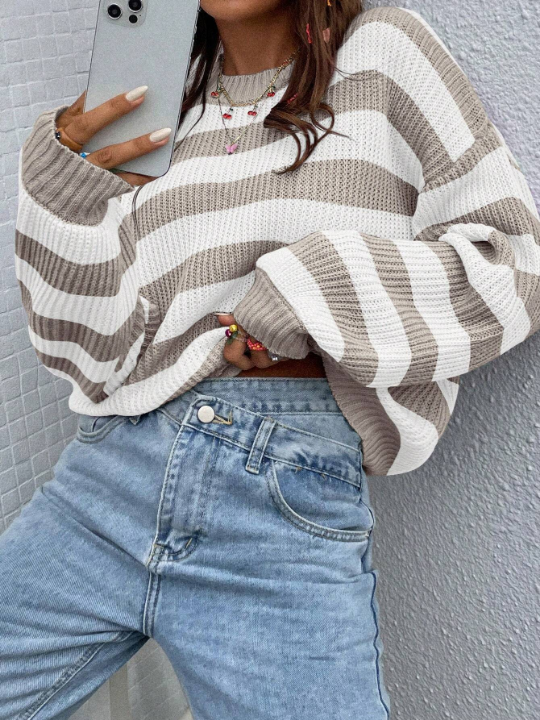 Essnce Striped Pattern Drop Shoulder Sweater