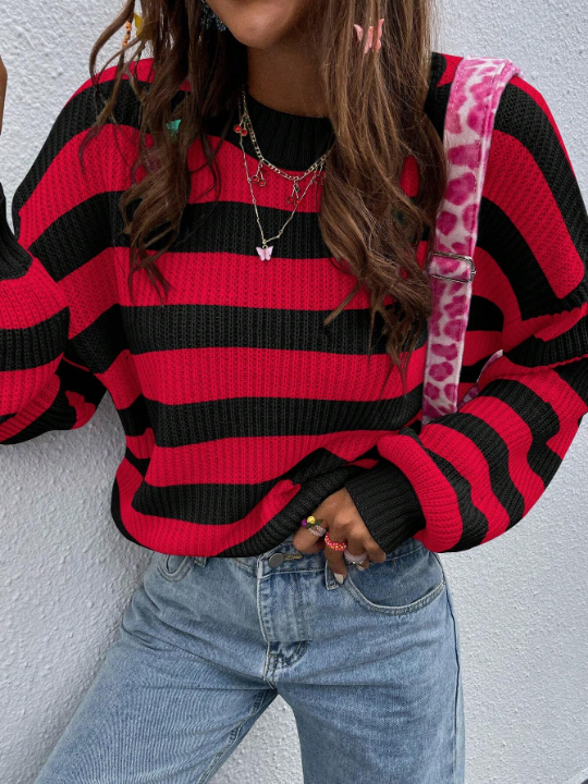 Essnce Striped Pattern Drop Shoulder Sweater