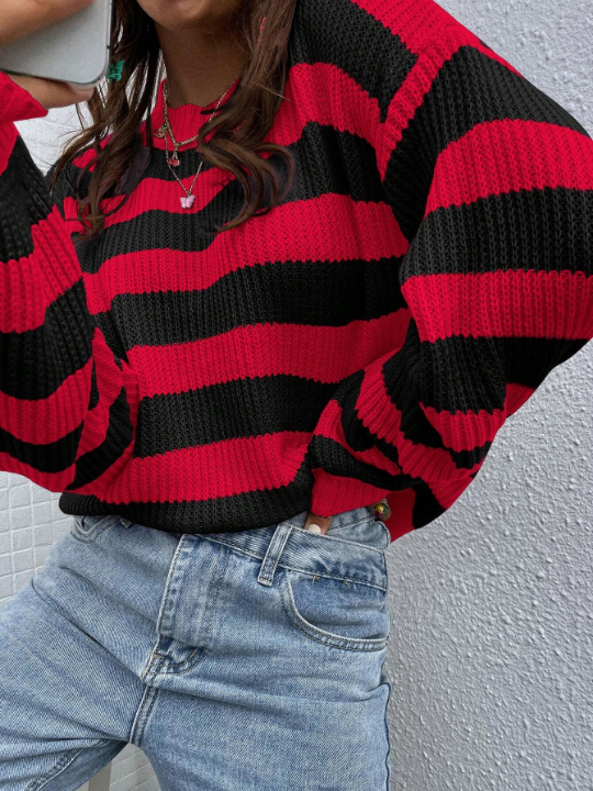 Essnce Striped Pattern Drop Shoulder Sweater