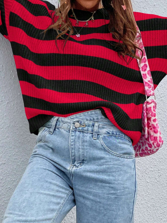 Essnce Striped Pattern Drop Shoulder Sweater