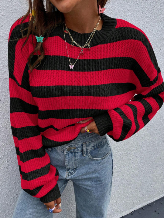 Essnce Striped Pattern Drop Shoulder Sweater