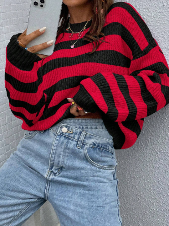 Essnce Striped Pattern Drop Shoulder Sweater