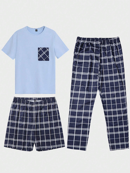 Men Plaid Print Pocket Patched Tee & Pants & Shorts PJ Set