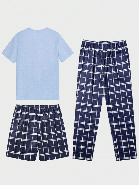 Men Plaid Print Pocket Patched Tee & Pants & Shorts PJ Set