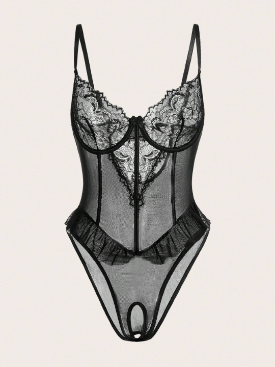 Contrast Lace Mesh Underwire Teddy Bodysuit