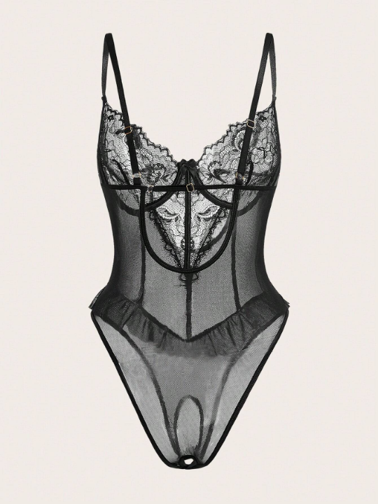 Contrast Lace Mesh Underwire Teddy Bodysuit
