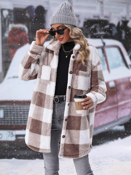 Buffalo Plaid Pattern Drop Shoulder Teddy Coat