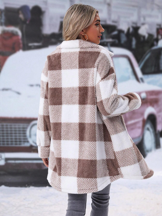 Buffalo Plaid Pattern Drop Shoulder Teddy Coat