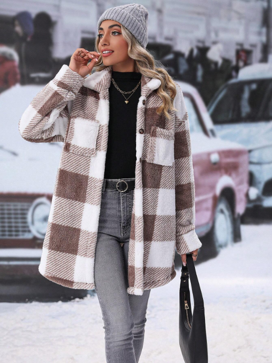 Buffalo Plaid Pattern Drop Shoulder Teddy Coat