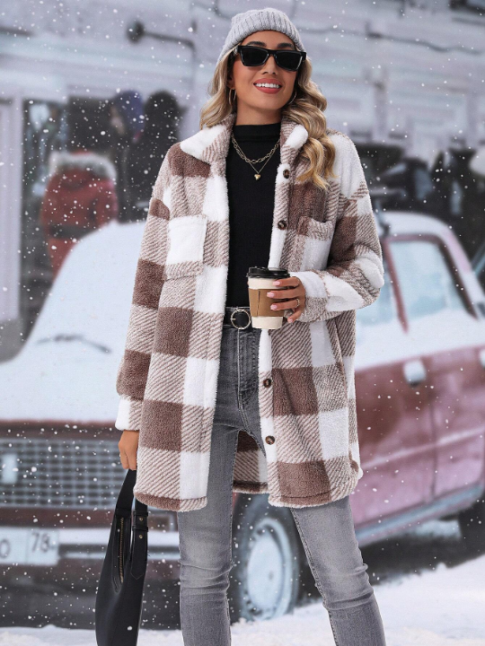 Buffalo Plaid Pattern Drop Shoulder Teddy Coat