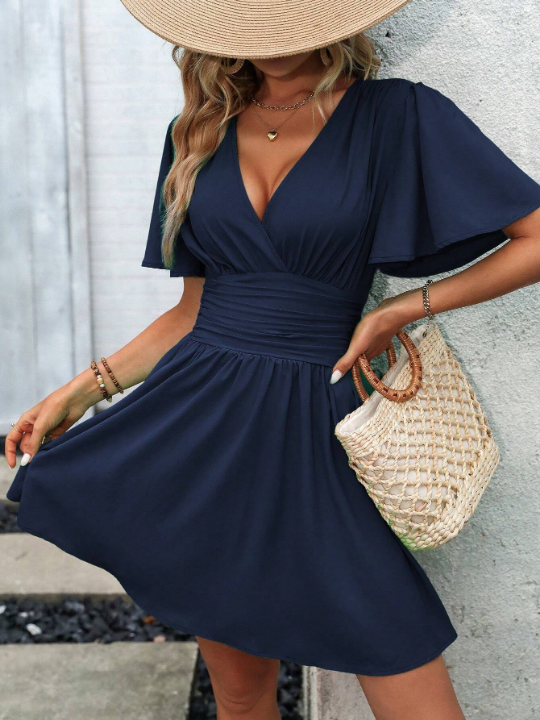 Plunging Neck Butterfly Sleeve Ruched Waist Dress