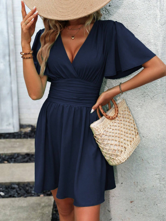 Plunging Neck Butterfly Sleeve Ruched Waist Dress