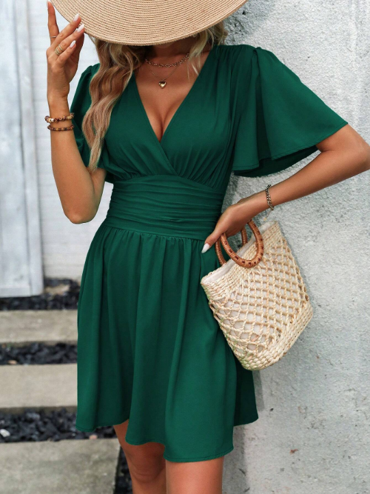 Butterfly Sleeve Ruched Waist Dress