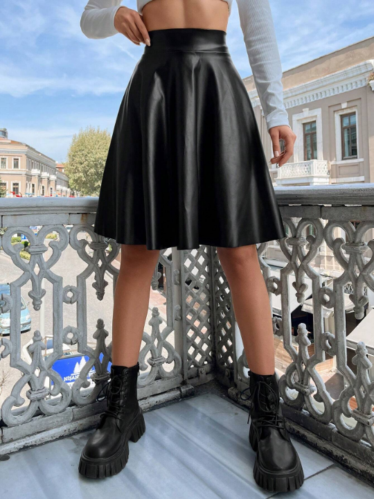 High Waist PU Leather Flare Skirt