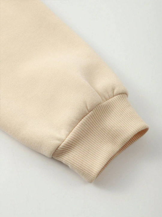 Men Bear Print Kangaroo Pocket Drawstring Thermal Hoodie