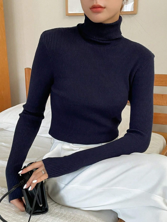 DAZY Solid Turtleneck Ribbed Knit Sweater