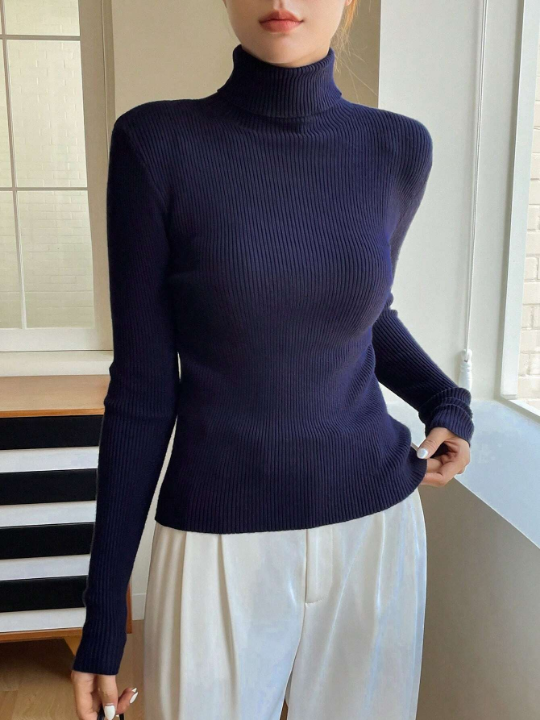 DAZY Solid Turtleneck Ribbed Knit Sweater