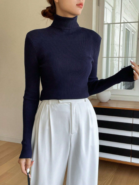 DAZY Solid Turtleneck Ribbed Knit Sweater