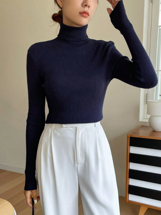 DAZY Solid Turtleneck Ribbed Knit Sweater