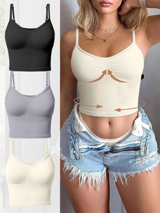 3pcs Ribbed Knit Cami Sports Top Corset Top