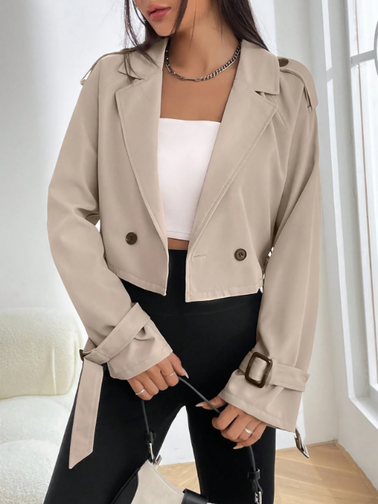 EZwear Double Button Buckle Cuff Crop Trench Coat