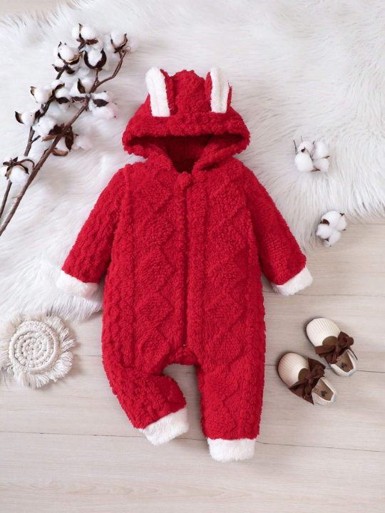 Baby Girl 3D Ear Design Hooded Zip Up Teddy Jumpsuit