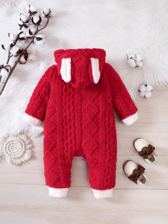 Baby Girl 3D Ear Design Hooded Zip Up Teddy Jumpsuit