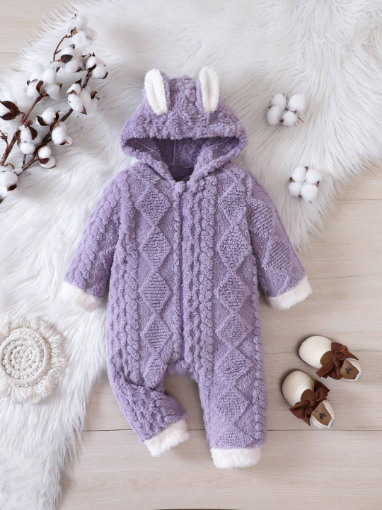 Baby Girl 3D Ears Design Hooded Teddy Jumpsuit