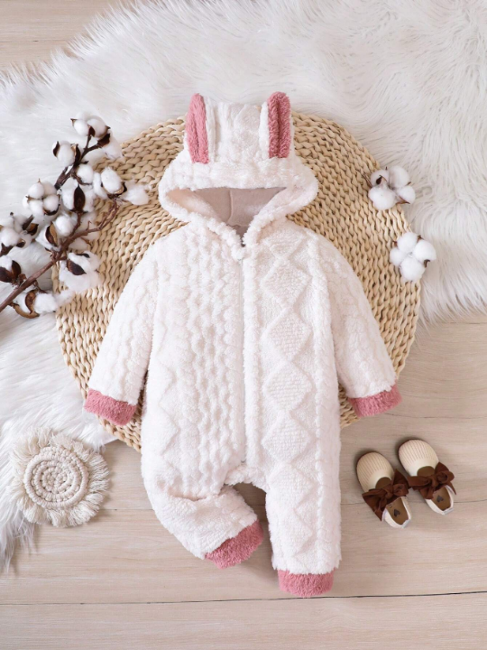 Baby Girl Contrast Trim Hooded Teddy Jumpsuit