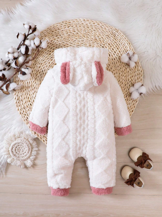 Baby Girl Contrast Trim Hooded Teddy Jumpsuit