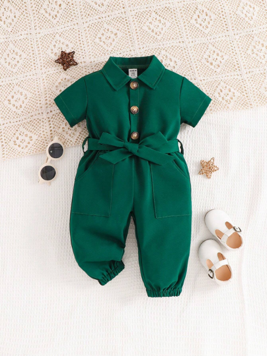 Baby Girl Dual Pocket Belted Shirt Jumpsuit