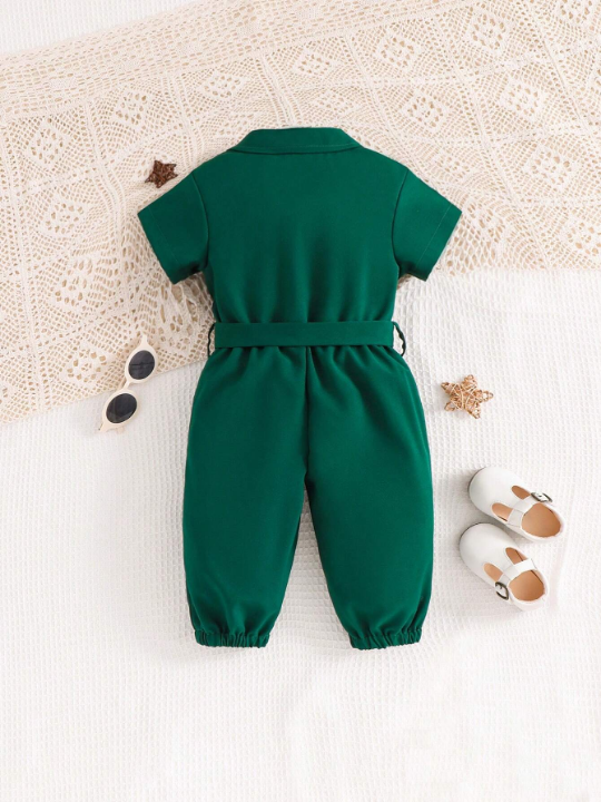 Baby Girl Dual Pocket Belted Shirt Jumpsuit