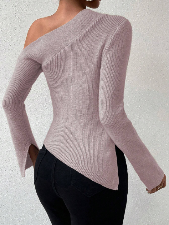 Priv Asymmetrical Neck Split Cuff Asymmetrical Hem Sweater