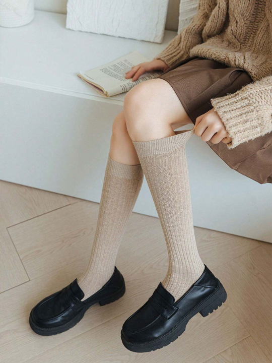 Khaki Vertical Striped Thick Calf Socks, High Tube, Pure Color, Fashionable, Slimming, Suitable For Daily Use