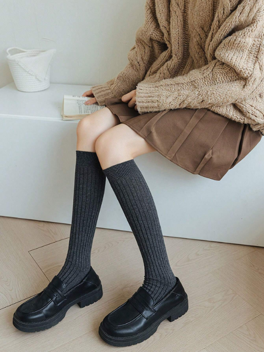 Black Striped Thick Knee-high Stockings For Women, Solid Color Fashionable Leg-slimming Compression Socks, Suitable For Everyday Use