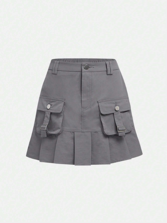 Teen Girl Flap Pocket Pleated Hem Cargo Skirt