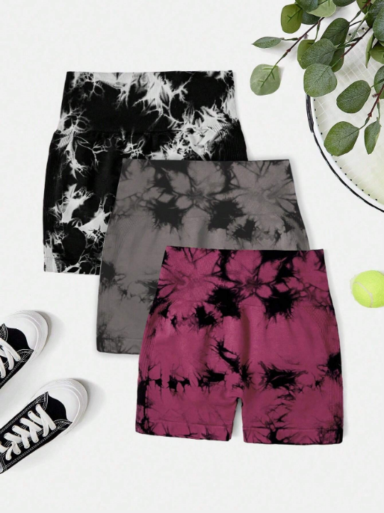 3pcs Tie Dye Wideband Waist Sports Shorts