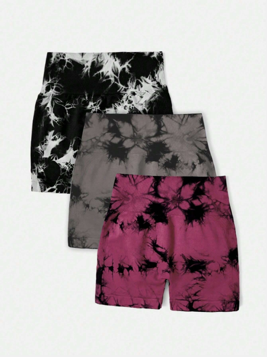 3pcs Tie Dye Wideband Waist Sports Shorts