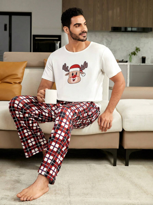 1pc Christmas Print Sleep Tee & 1pc Plaid Sleep Pants