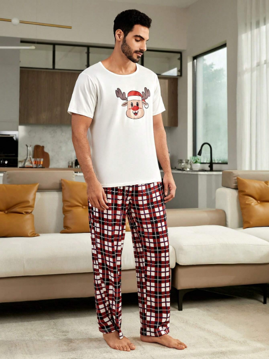 1pc Christmas Print Sleep Tee & 1pc Plaid Sleep Pants