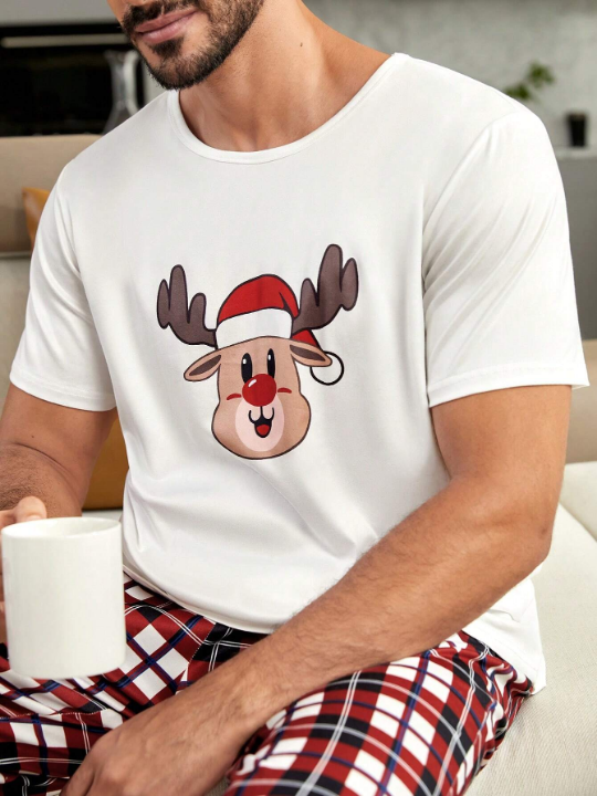 1pc Christmas Print Sleep Tee & 1pc Plaid Sleep Pants