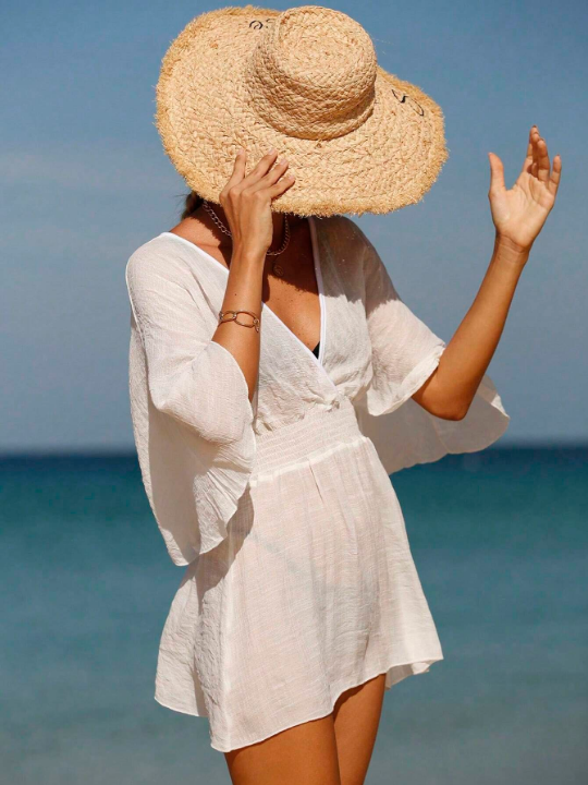 Swim Vcay Solid Batwing Sleeve Cover Up Dress