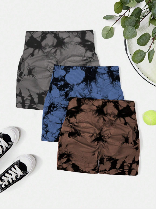 3pcs Seamless High Stretch Tie Dye Sports Shorts Sweater Shorts