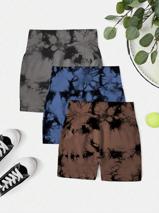 3pcs Seamless High Stretch Tie Dye Sports Shorts Sweater Shorts