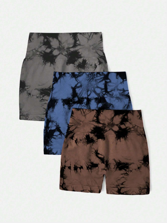 3pcs Seamless High Stretch Tie Dye Sports Shorts Sweater Shorts